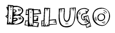The image contains the name Belugo written in a decorative, stylized font with a hand-drawn appearance. The lines are made up of what appears to be planks of wood, which are nailed together