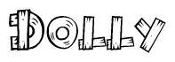 The image contains the name Dolly written in a decorative, stylized font with a hand-drawn appearance. The lines are made up of what appears to be planks of wood, which are nailed together
