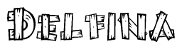 The clipart image shows the name Delfina stylized to look as if it has been constructed out of wooden planks or logs. Each letter is designed to resemble pieces of wood.