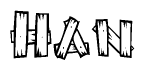 The clipart image shows the name Han stylized to look as if it has been constructed out of wooden planks or logs. Each letter is designed to resemble pieces of wood.