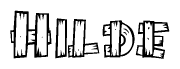 The image contains the name Hilde written in a decorative, stylized font with a hand-drawn appearance. The lines are made up of what appears to be planks of wood, which are nailed together
