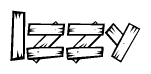 The image contains the name Izzy written in a decorative, stylized font with a hand-drawn appearance. The lines are made up of what appears to be planks of wood, which are nailed together
