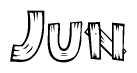 The clipart image shows the name Jun stylized to look as if it has been constructed out of wooden planks or logs. Each letter is designed to resemble pieces of wood.