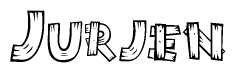 The image contains the name Jurjen written in a decorative, stylized font with a hand-drawn appearance. The lines are made up of what appears to be planks of wood, which are nailed together