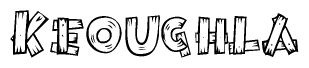 The image contains the name Keoughla written in a decorative, stylized font with a hand-drawn appearance. The lines are made up of what appears to be planks of wood, which are nailed together
