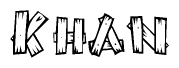 The image contains the name Khan written in a decorative, stylized font with a hand-drawn appearance. The lines are made up of what appears to be planks of wood, which are nailed together