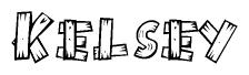 The clipart image shows the name Kelsey stylized to look like it is constructed out of separate wooden planks or boards, with each letter having wood grain and plank-like details.