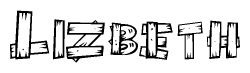 The image contains the name Lizbeth written in a decorative, stylized font with a hand-drawn appearance. The lines are made up of what appears to be planks of wood, which are nailed together