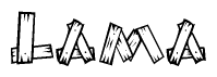 The image contains the name Lama written in a decorative, stylized font with a hand-drawn appearance. The lines are made up of what appears to be planks of wood, which are nailed together