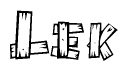 The clipart image shows the name Lek stylized to look as if it has been constructed out of wooden planks or logs. Each letter is designed to resemble pieces of wood.