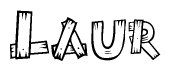 The image contains the name Laur written in a decorative, stylized font with a hand-drawn appearance. The lines are made up of what appears to be planks of wood, which are nailed together