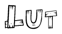 The image contains the name Lut written in a decorative, stylized font with a hand-drawn appearance. The lines are made up of what appears to be planks of wood, which are nailed together