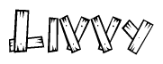 The clipart image shows the name Livvy stylized to look as if it has been constructed out of wooden planks or logs. Each letter is designed to resemble pieces of wood.