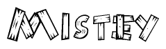 The clipart image shows the name Mistey stylized to look like it is constructed out of separate wooden planks or boards, with each letter having wood grain and plank-like details.