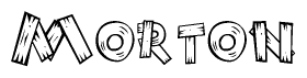 The clipart image shows the name Morton stylized to look as if it has been constructed out of wooden planks or logs. Each letter is designed to resemble pieces of wood.