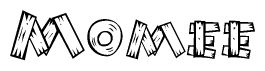 The image contains the name Momee written in a decorative, stylized font with a hand-drawn appearance. The lines are made up of what appears to be planks of wood, which are nailed together