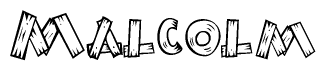 The image contains the name Malcolm written in a decorative, stylized font with a hand-drawn appearance. The lines are made up of what appears to be planks of wood, which are nailed together