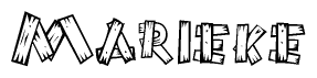 The image contains the name Marieke written in a decorative, stylized font with a hand-drawn appearance. The lines are made up of what appears to be planks of wood, which are nailed together