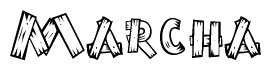 The image contains the name Marcha written in a decorative, stylized font with a hand-drawn appearance. The lines are made up of what appears to be planks of wood, which are nailed together
