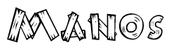 The clipart image shows the name Manos stylized to look as if it has been constructed out of wooden planks or logs. Each letter is designed to resemble pieces of wood.