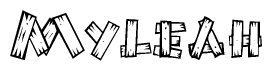 The clipart image shows the name Myleah stylized to look as if it has been constructed out of wooden planks or logs. Each letter is designed to resemble pieces of wood.