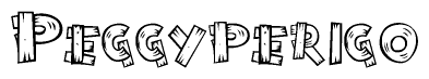 The image contains the name Peggyperigo written in a decorative, stylized font with a hand-drawn appearance. The lines are made up of what appears to be planks of wood, which are nailed together