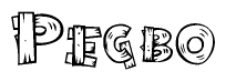 The image contains the name Pegbo written in a decorative, stylized font with a hand-drawn appearance. The lines are made up of what appears to be planks of wood, which are nailed together