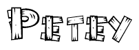 The clipart image shows the name Petey stylized to look like it is constructed out of separate wooden planks or boards, with each letter having wood grain and plank-like details.