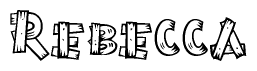 The image contains the name Rebecca written in a decorative, stylized font with a hand-drawn appearance. The lines are made up of what appears to be planks of wood, which are nailed together