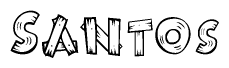 The image contains the name Santos written in a decorative, stylized font with a hand-drawn appearance. The lines are made up of what appears to be planks of wood, which are nailed together