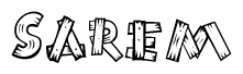 The image contains the name Sarem written in a decorative, stylized font with a hand-drawn appearance. The lines are made up of what appears to be planks of wood, which are nailed together