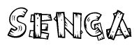 The image contains the name Senga written in a decorative, stylized font with a hand-drawn appearance. The lines are made up of what appears to be planks of wood, which are nailed together
