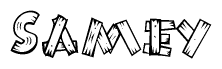 The image contains the name Samey written in a decorative, stylized font with a hand-drawn appearance. The lines are made up of what appears to be planks of wood, which are nailed together