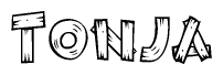 The image contains the name Tonja written in a decorative, stylized font with a hand-drawn appearance. The lines are made up of what appears to be planks of wood, which are nailed together
