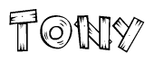 The image contains the name Tony written in a decorative, stylized font with a hand-drawn appearance. The lines are made up of what appears to be planks of wood, which are nailed together