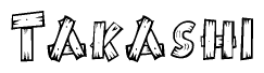 The clipart image shows the name Takashi stylized to look like it is constructed out of separate wooden planks or boards, with each letter having wood grain and plank-like details.