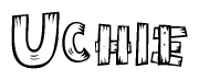 The clipart image shows the name Uchie stylized to look as if it has been constructed out of wooden planks or logs. Each letter is designed to resemble pieces of wood.