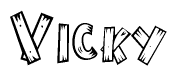 The image contains the name Vicky written in a decorative, stylized font with a hand-drawn appearance. The lines are made up of what appears to be planks of wood, which are nailed together