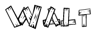 The clipart image shows the name Walt stylized to look as if it has been constructed out of wooden planks or logs. Each letter is designed to resemble pieces of wood.