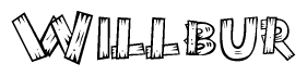 The clipart image shows the name Willbur stylized to look as if it has been constructed out of wooden planks or logs. Each letter is designed to resemble pieces of wood.