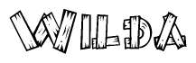 The image contains the name Wilda written in a decorative, stylized font with a hand-drawn appearance. The lines are made up of what appears to be planks of wood, which are nailed together