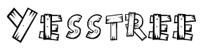 The clipart image shows the name Yesstree stylized to look as if it has been constructed out of wooden planks or logs. Each letter is designed to resemble pieces of wood.