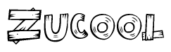 The clipart image shows the name Zucool stylized to look as if it has been constructed out of wooden planks or logs. Each letter is designed to resemble pieces of wood.