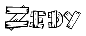 The image contains the name Zedy written in a decorative, stylized font with a hand-drawn appearance. The lines are made up of what appears to be planks of wood, which are nailed together