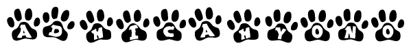 The image shows a row of animal paw prints, each containing a letter. The letters spell out the word Adhicahyono within the paw prints.