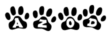 The image shows a series of animal paw prints arranged horizontally. Within each paw print, there's a letter; together they spell Azod