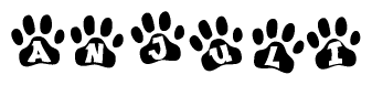 The image shows a series of animal paw prints arranged in a horizontal line. Each paw print contains a letter, and together they spell out the word Anjuli.