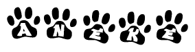 The image shows a row of animal paw prints, each containing a letter. The letters spell out the word Aneke within the paw prints.