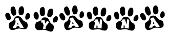 The image shows a series of animal paw prints arranged in a horizontal line. Each paw print contains a letter, and together they spell out the word Ayanna.