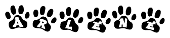 The image shows a series of animal paw prints arranged horizontally. Within each paw print, there's a letter; together they spell Arlene